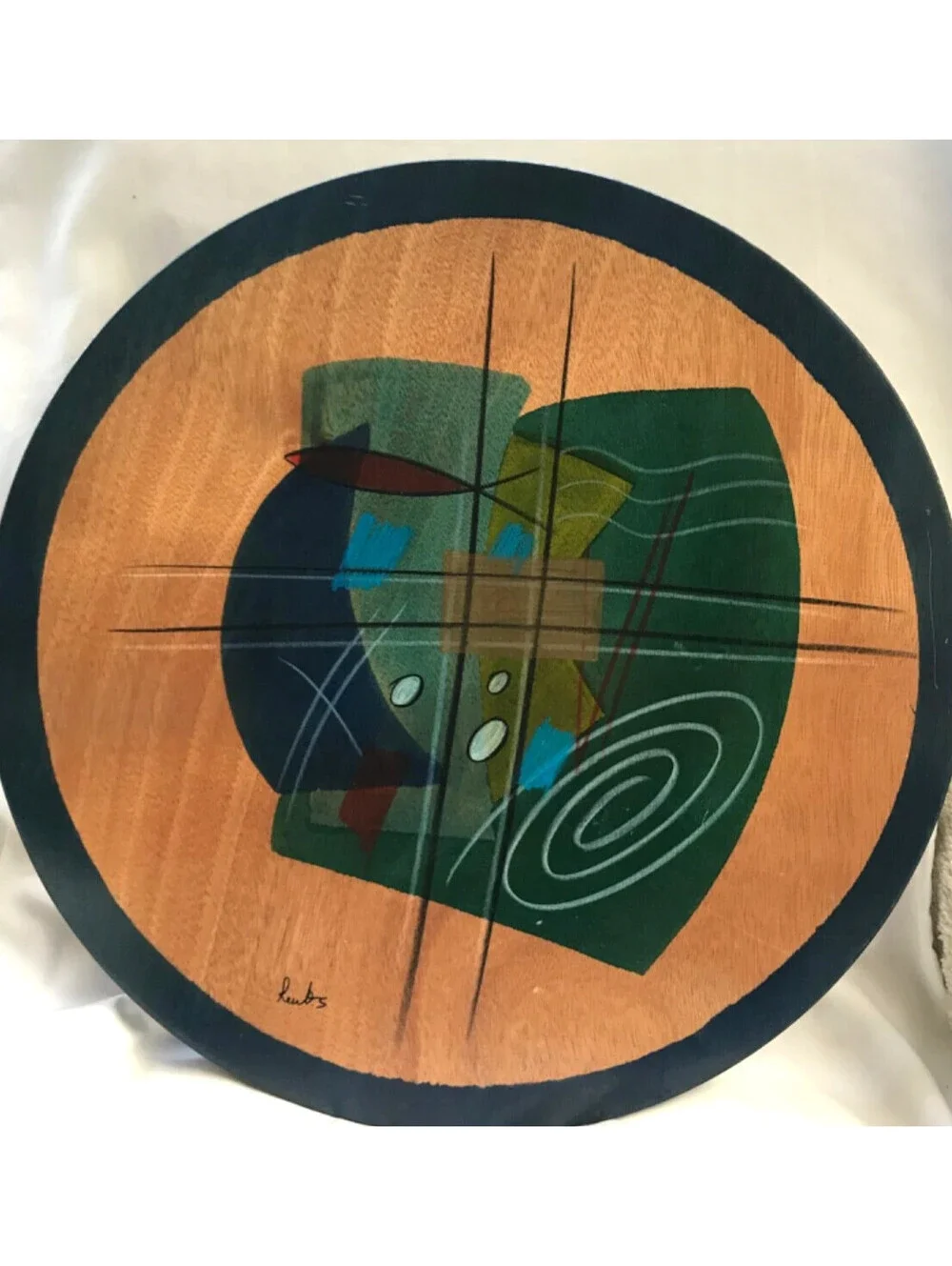 Kakadu Art Lazy Susan Tray Handpainted Signed by Reut Shahar Approx. 17.75” Worn